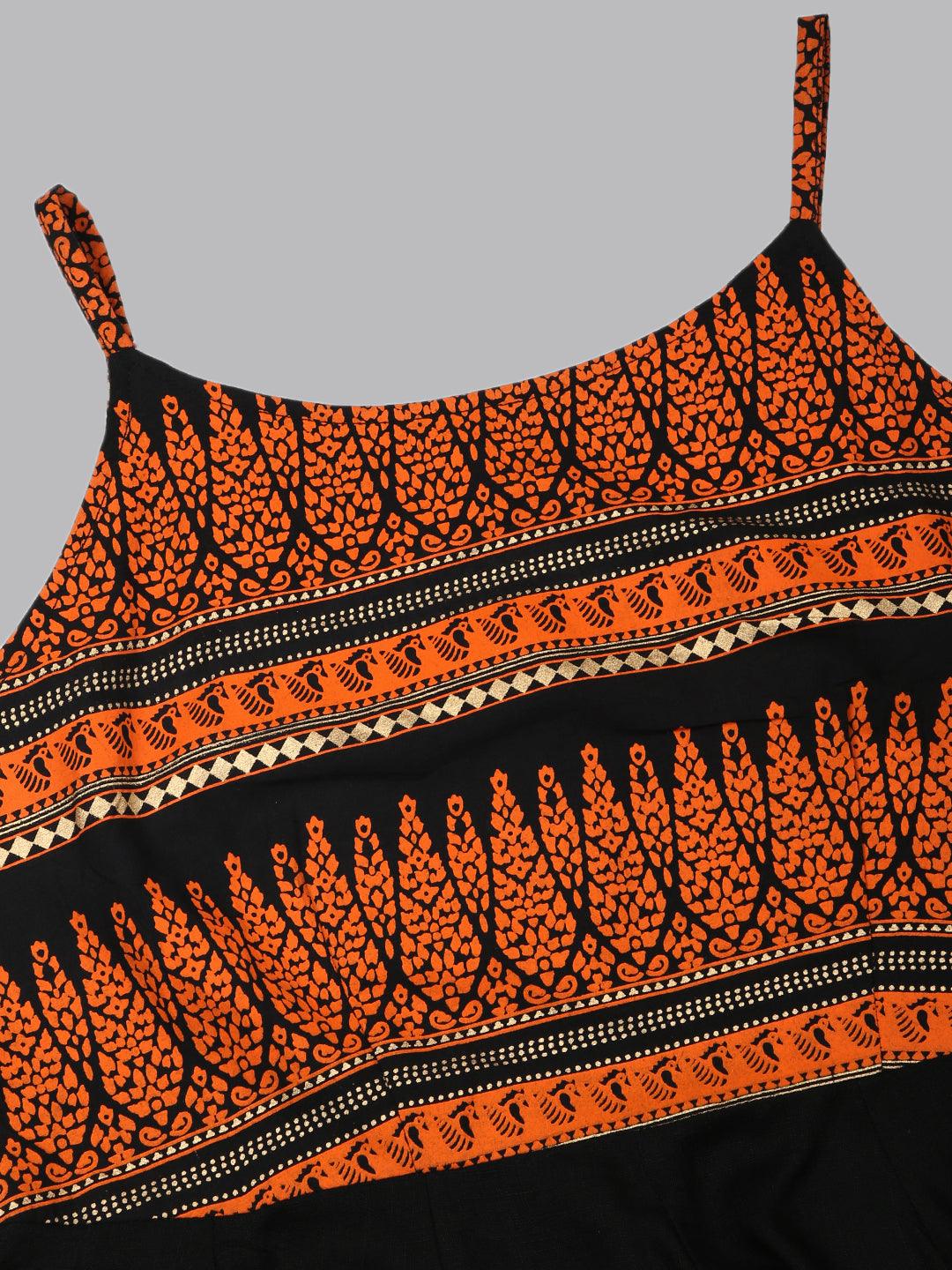 Znx Women Orange Printed Ankle length Black Dress - Znxclothing