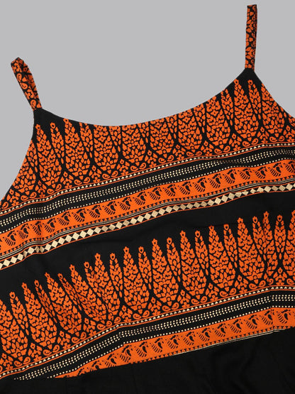 Znx Women Orange Printed Ankle length Black Dress - Znxclothing