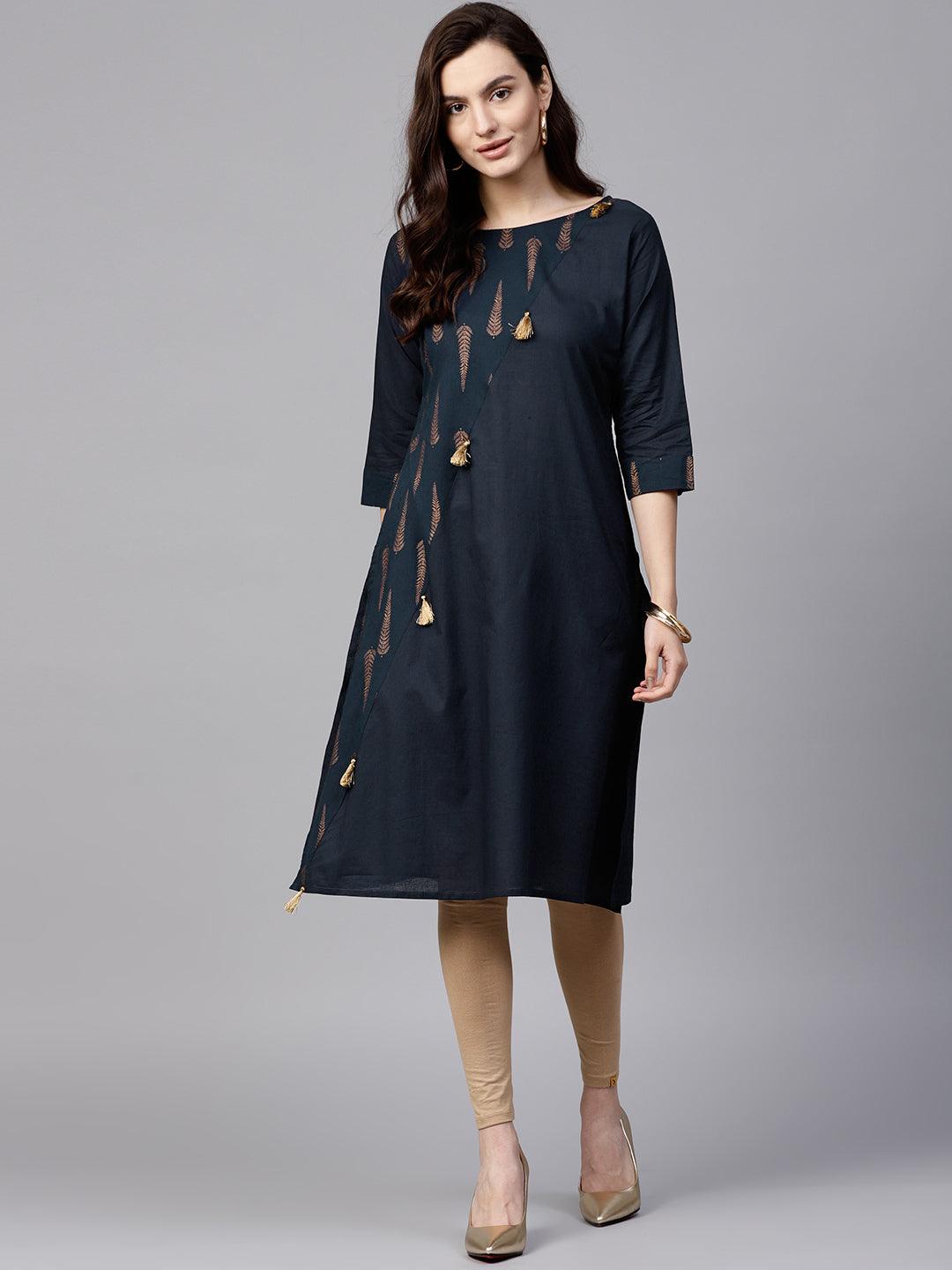 Navy Blue &amp; Golden Printed A-Line Kurta - Znxclothing