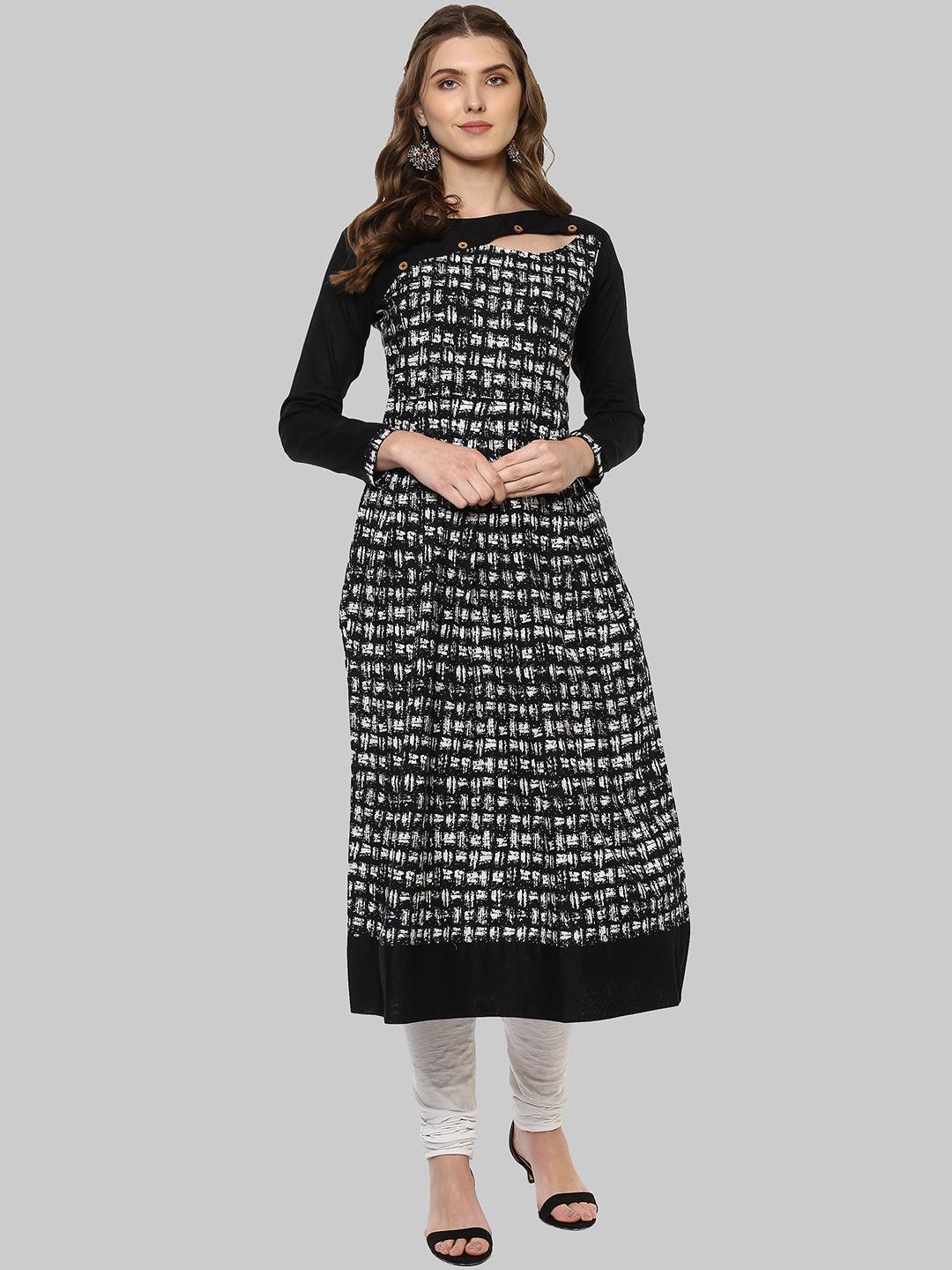 Black Embellished Cotton A-Line Kurti - Znxclothing