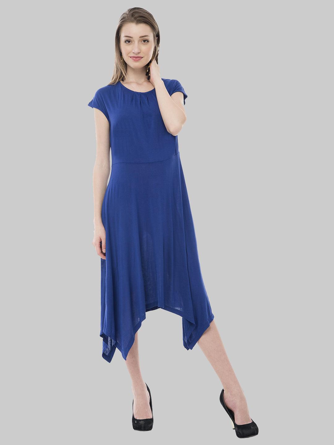 Solid Blue Cold Sleeve Dress - Znxclothing