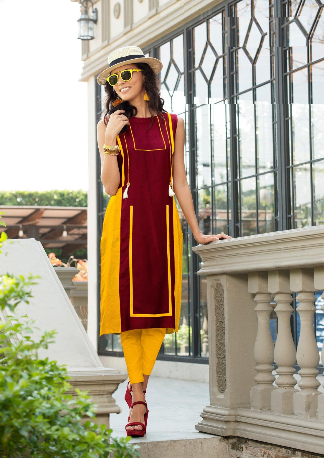 Maroon &amp; Yellow Kurti - Znxclothing