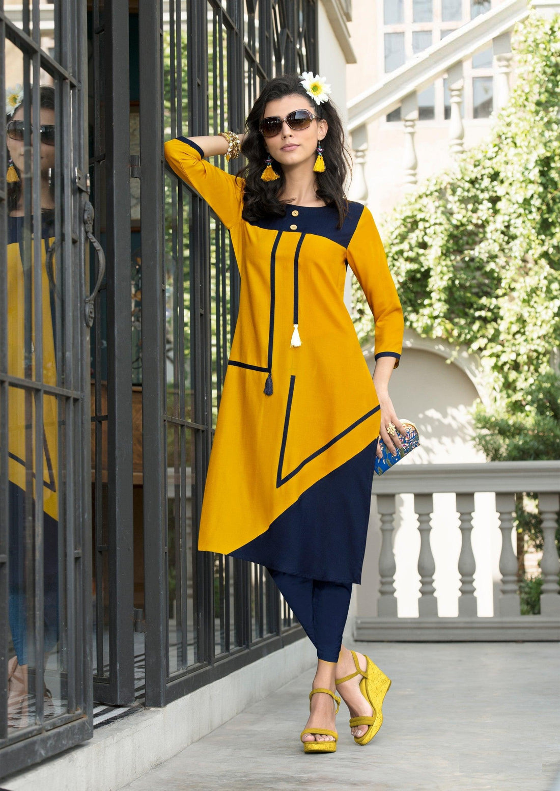 Yellow &amp; Blue Kurti - Znxclothing