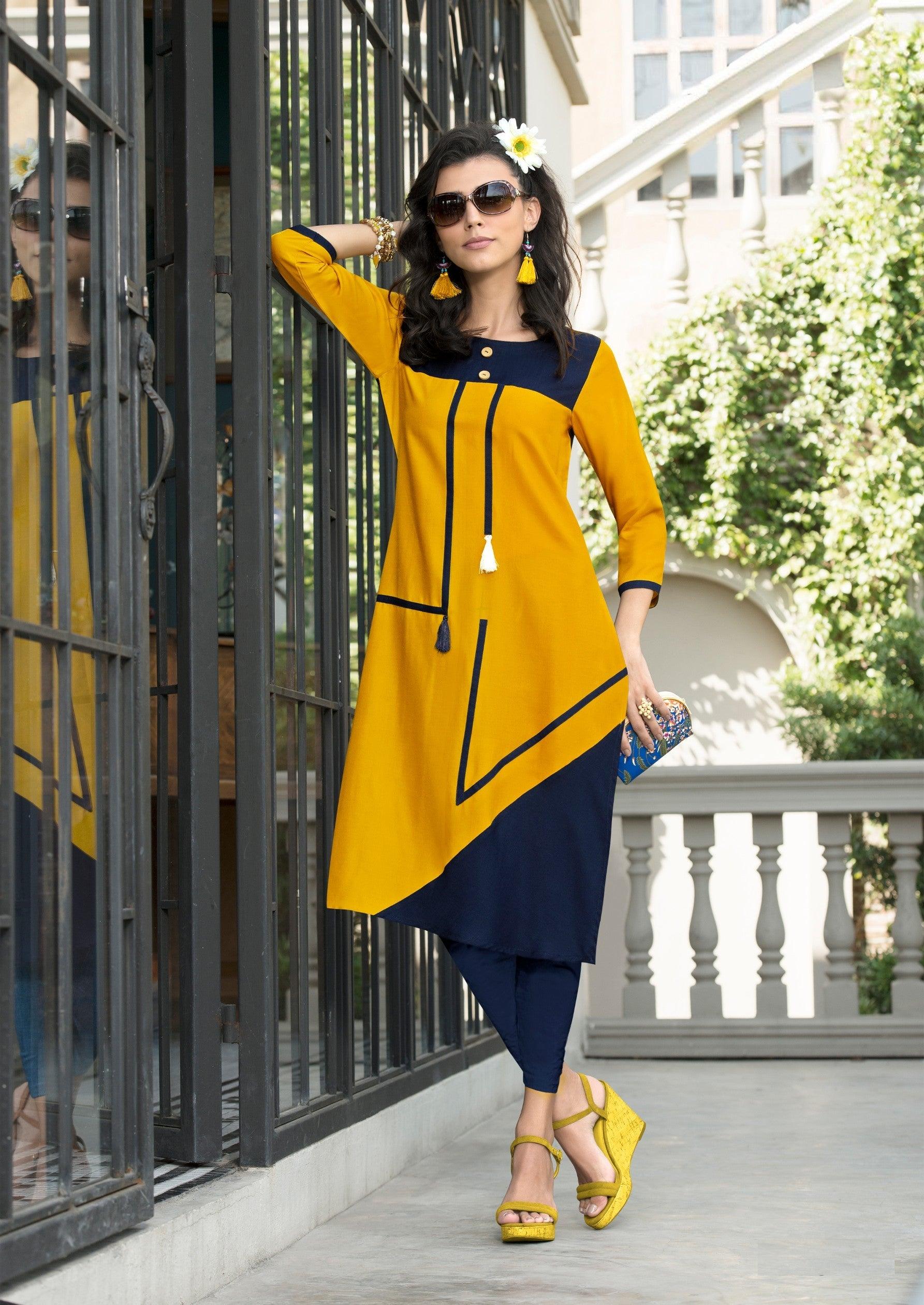 Yellow &amp; Blue Kurti - Znxclothing