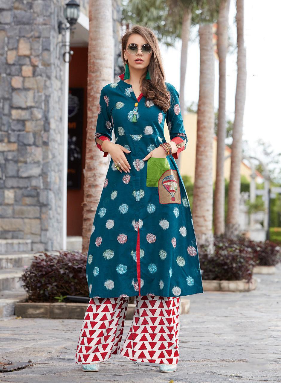 Kajal Style flower Printed blue Cotton Kurti - Znxclothing