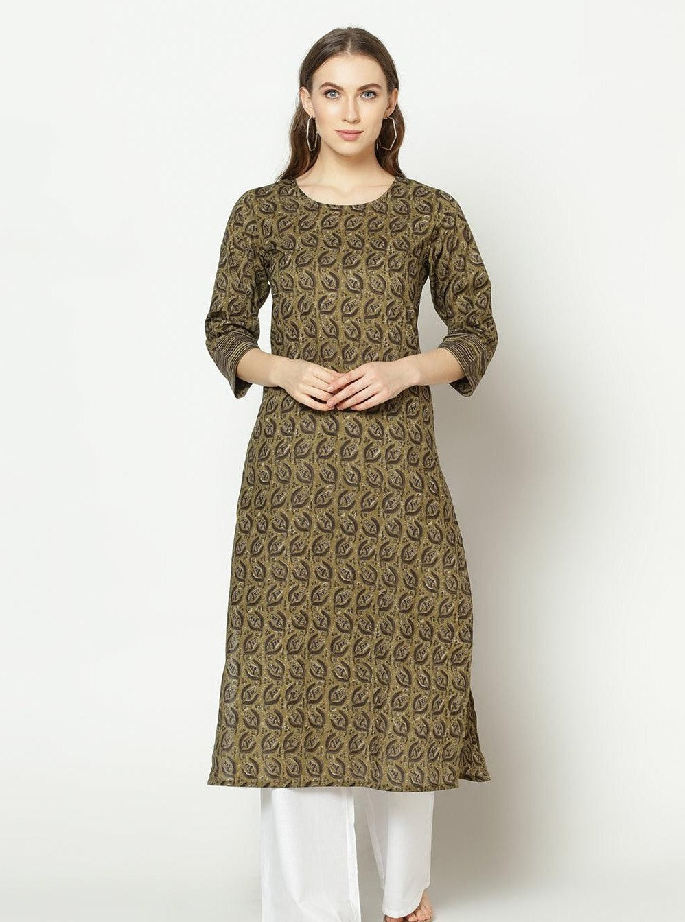 Znx Women Olive Green Floral Printed Straight Kurta - Znxclothing