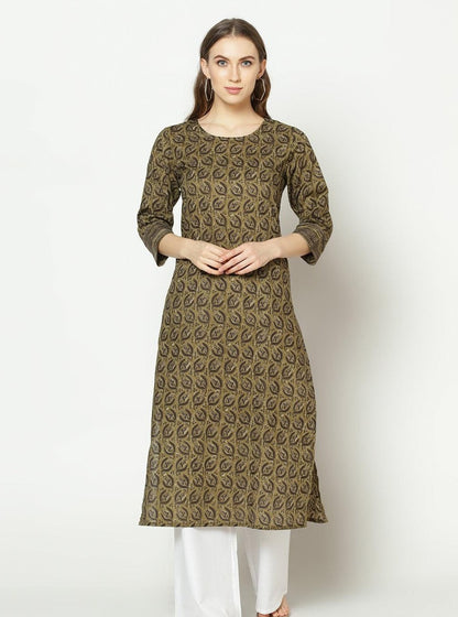 Znx Women Olive Green Floral Printed Straight Kurta - Znxclothing