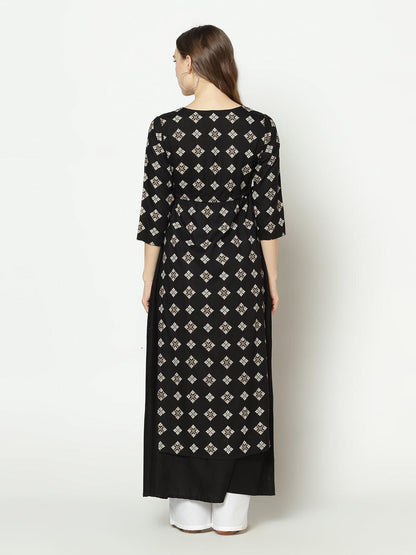 Znx Women Black Geomectrical Printed A-line Kurta - Znxclothing