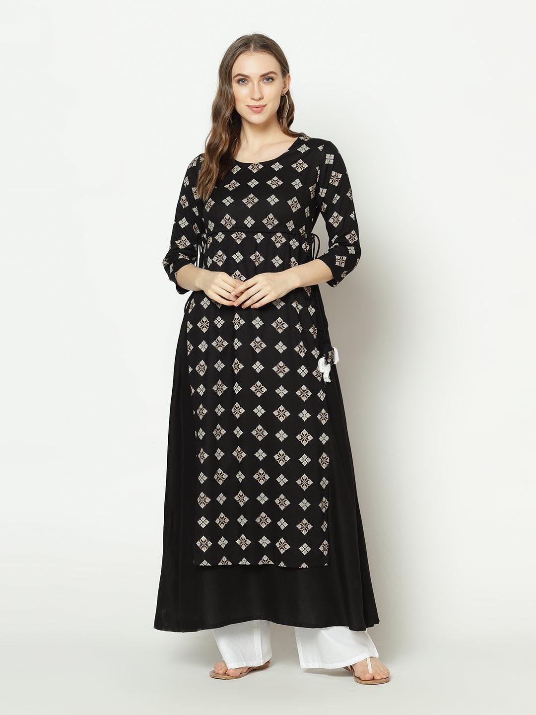 Znx Women Black Geomectrical Printed A-line Kurta - Znxclothing