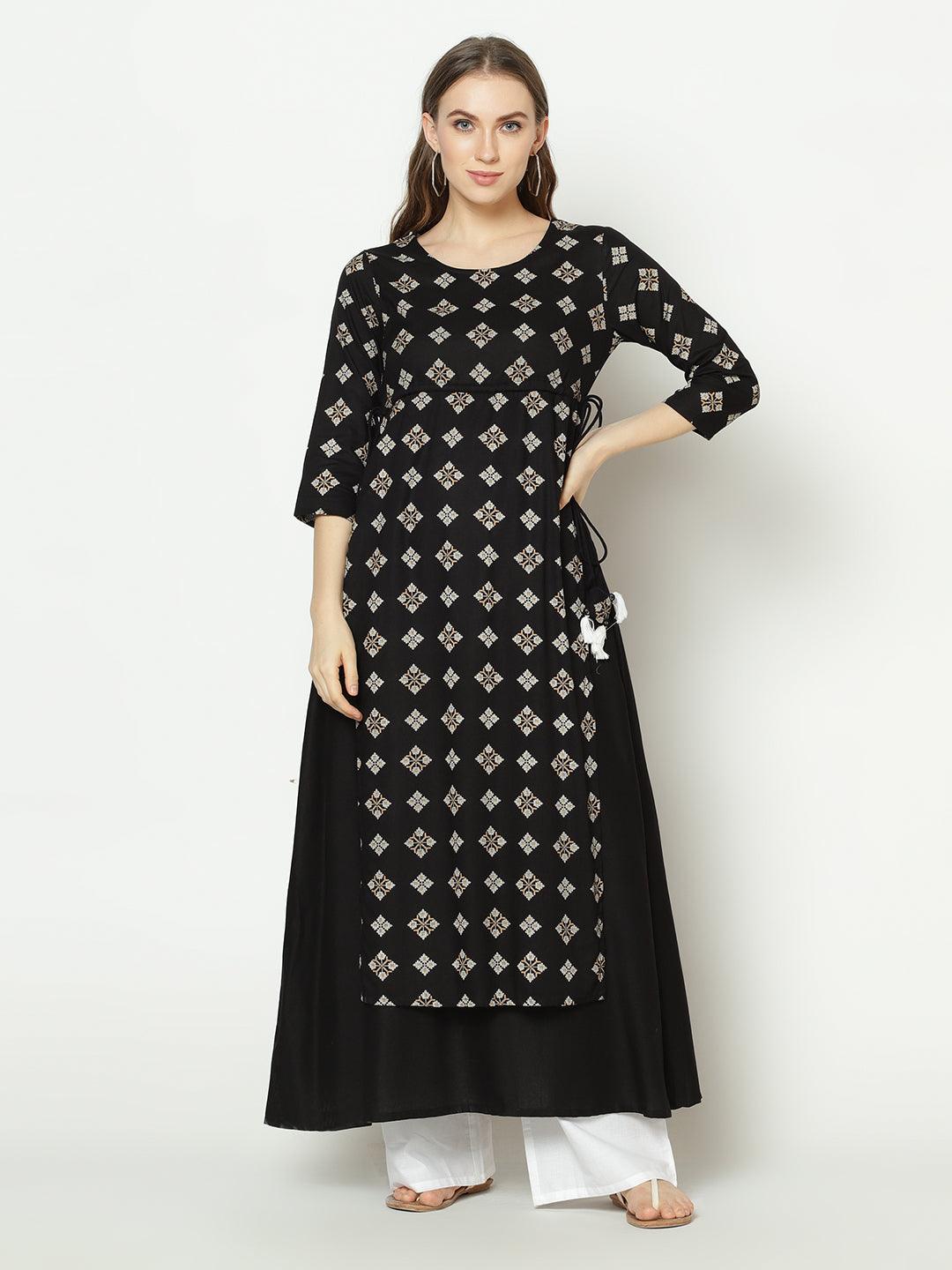 Znx Women Black Geomectrical Printed A-line Kurta - Znxclothing