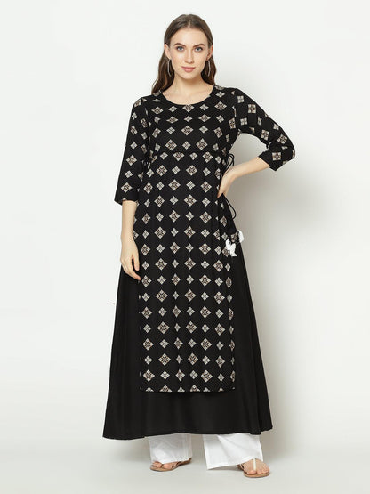 Znx Women Black Geomectrical Printed A-line Kurta - Znxclothing