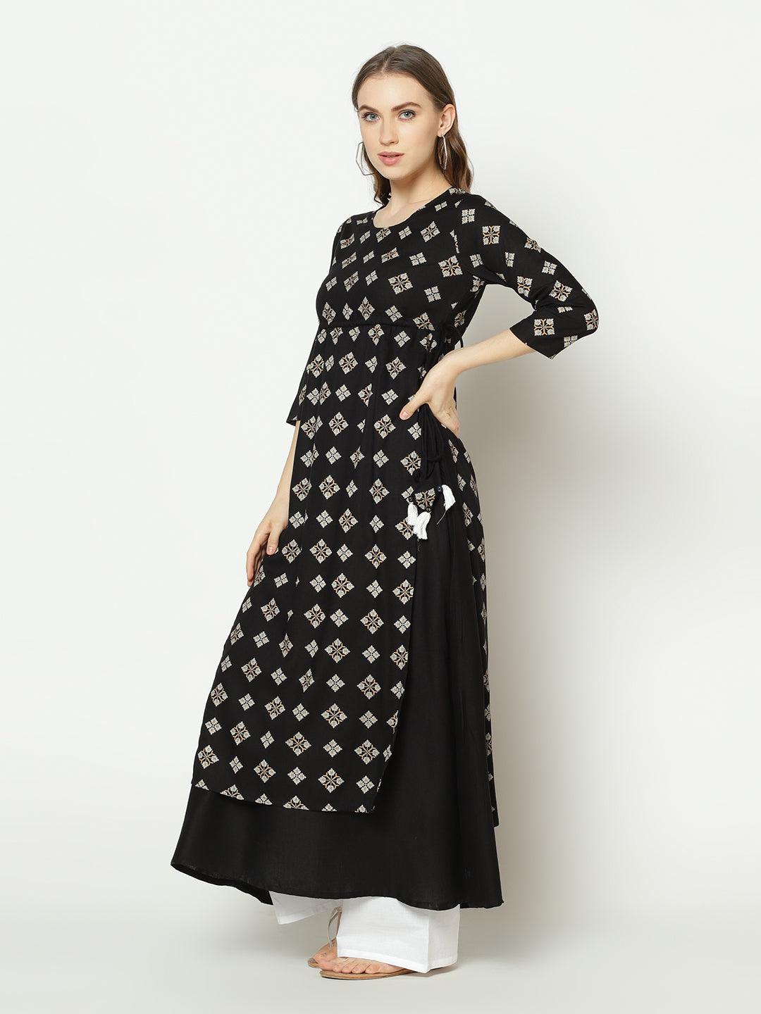 Znx Women Black Geomectrical Printed A-line Kurta - Znxclothing