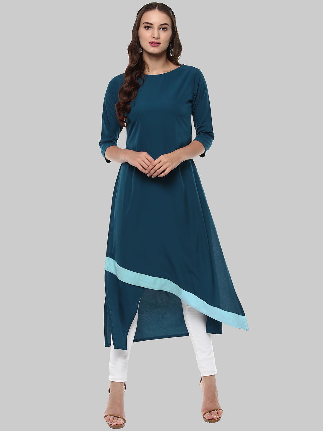 Turquoise Solid Crepe A-Line Kurti - Znxclothing