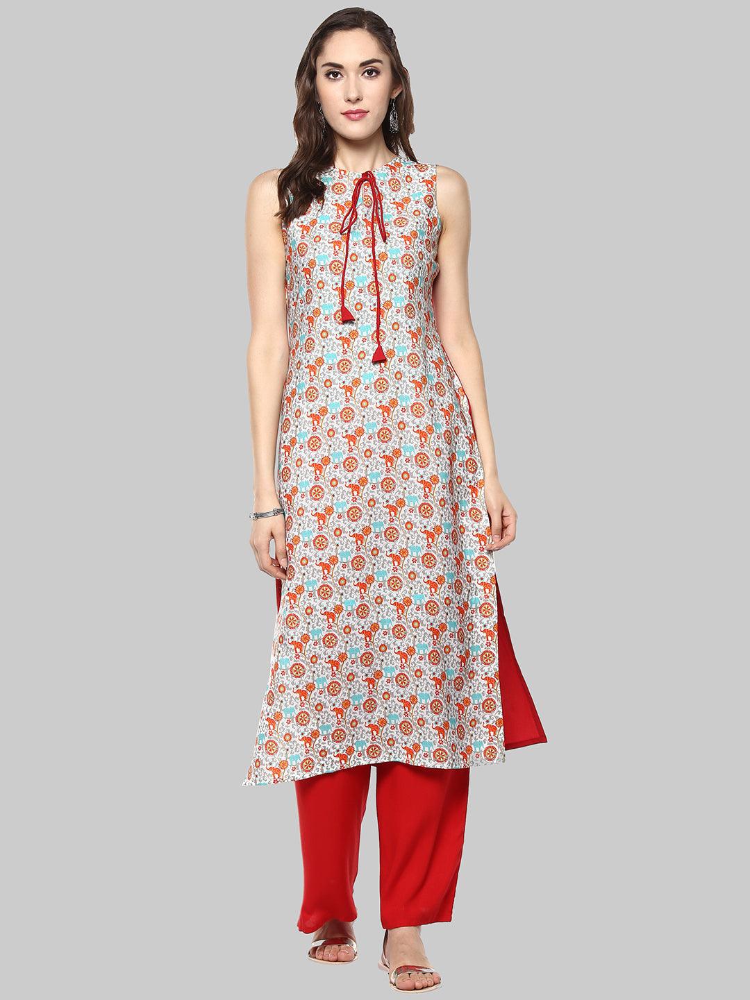 Multicolour Printed Crepe Straight Kurti - Znxclothing