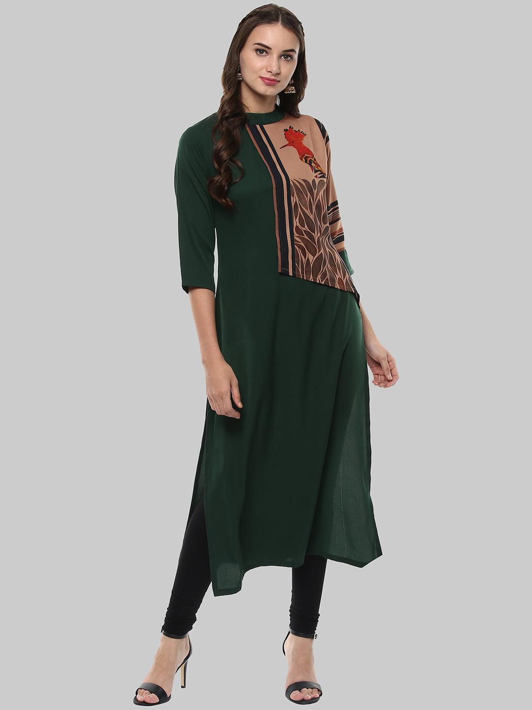 Dark Green Printed Crepe Straight Kurti - Znxclothing