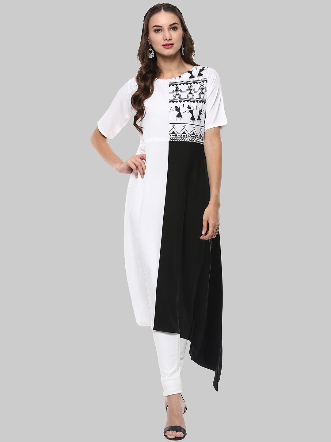 White Printed Crepe Asymmetric Kurti - Znxclothing