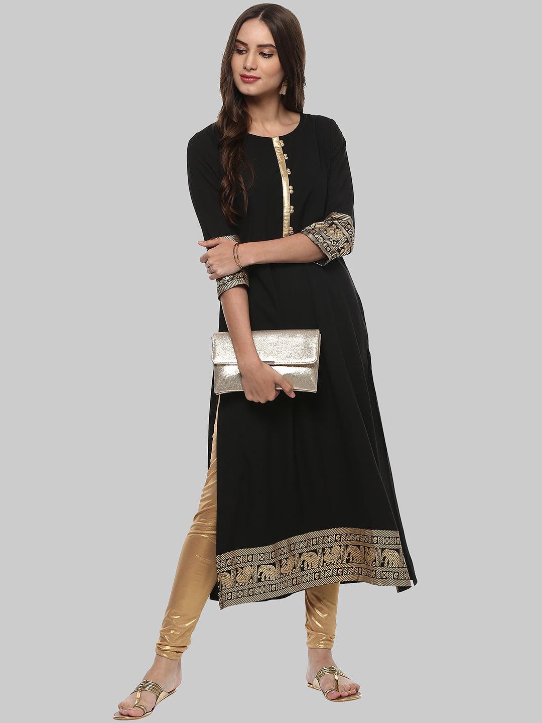 Black Embellished Crepe Straight Kurti - Znxclothing