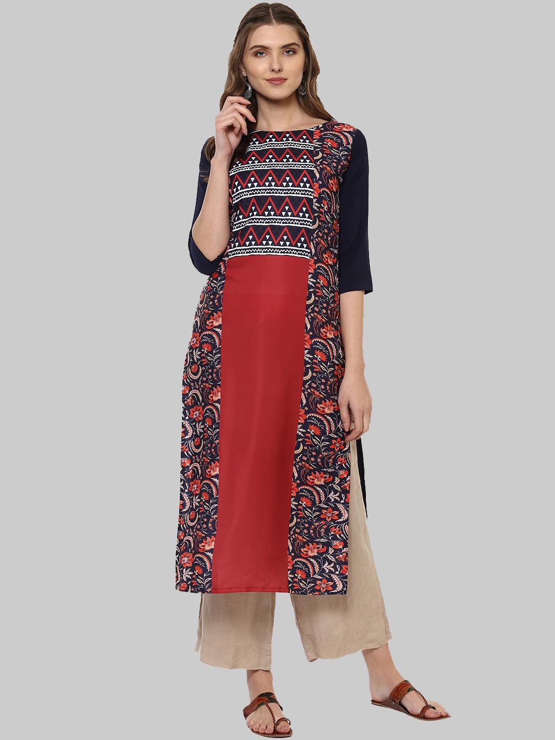 Blue Printed Crepe Straight Kurti - Znxclothing