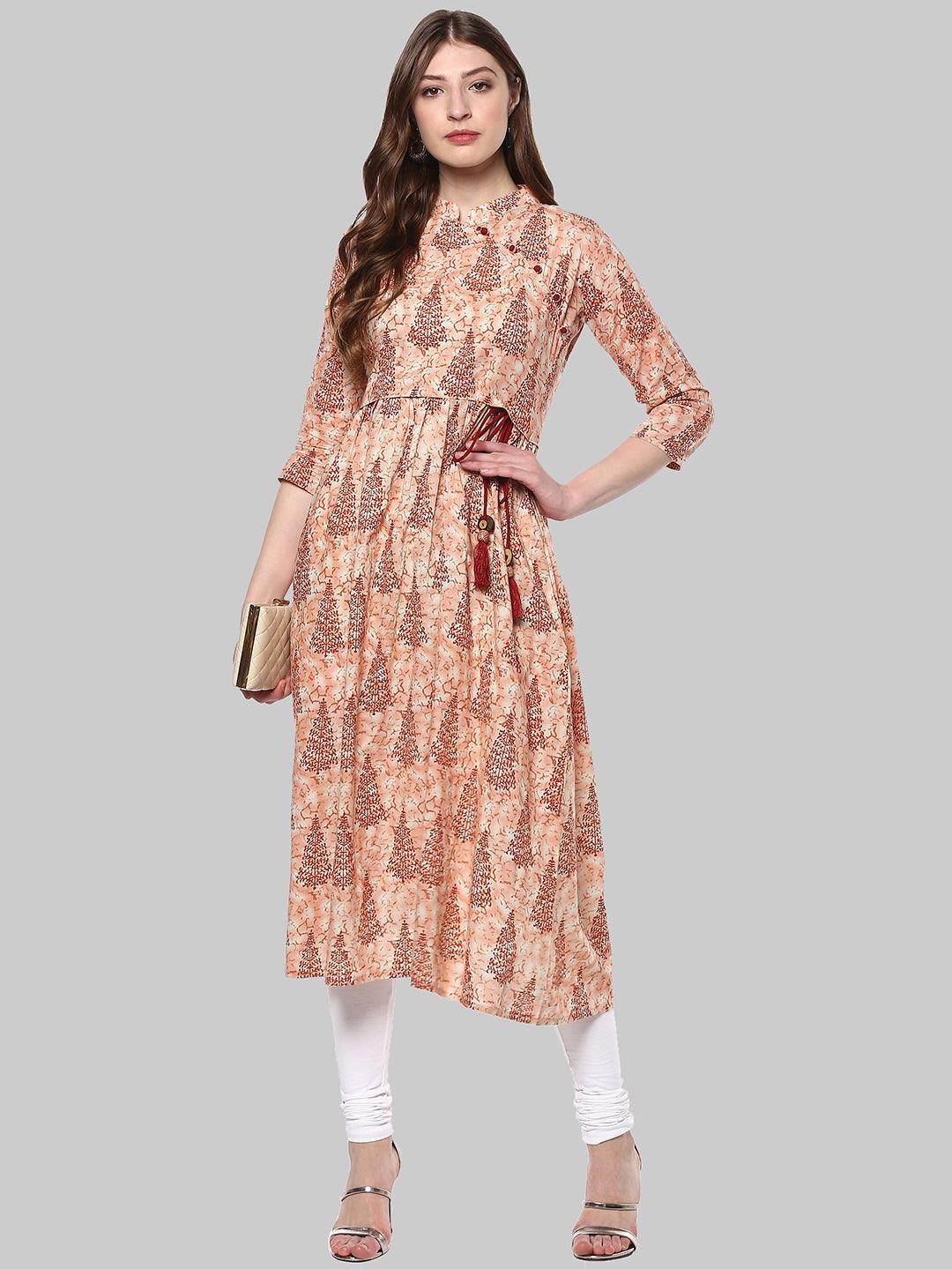 Light Brown Embellished Cotton Flared Kurti - Znxclothing