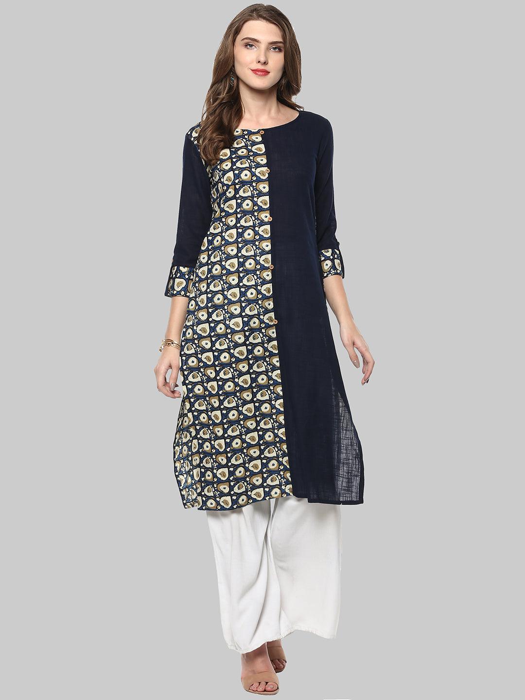 Blue Embellished Cotton Straight Kurti - Znxclothing