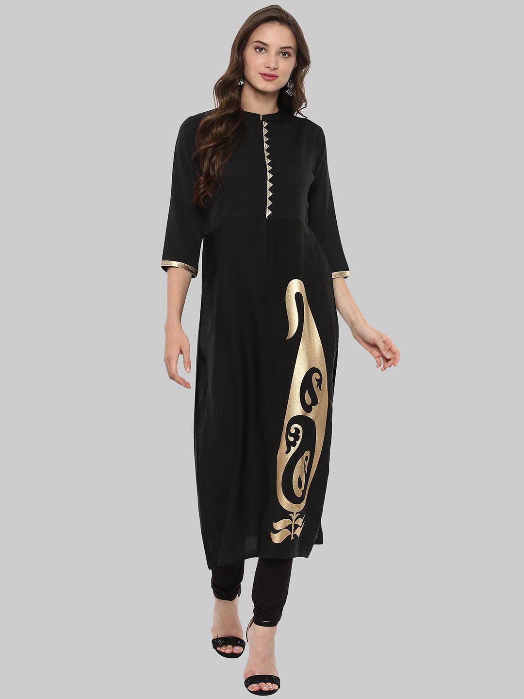 Black Foil Print Crepe Straight Kurti - Znxclothing