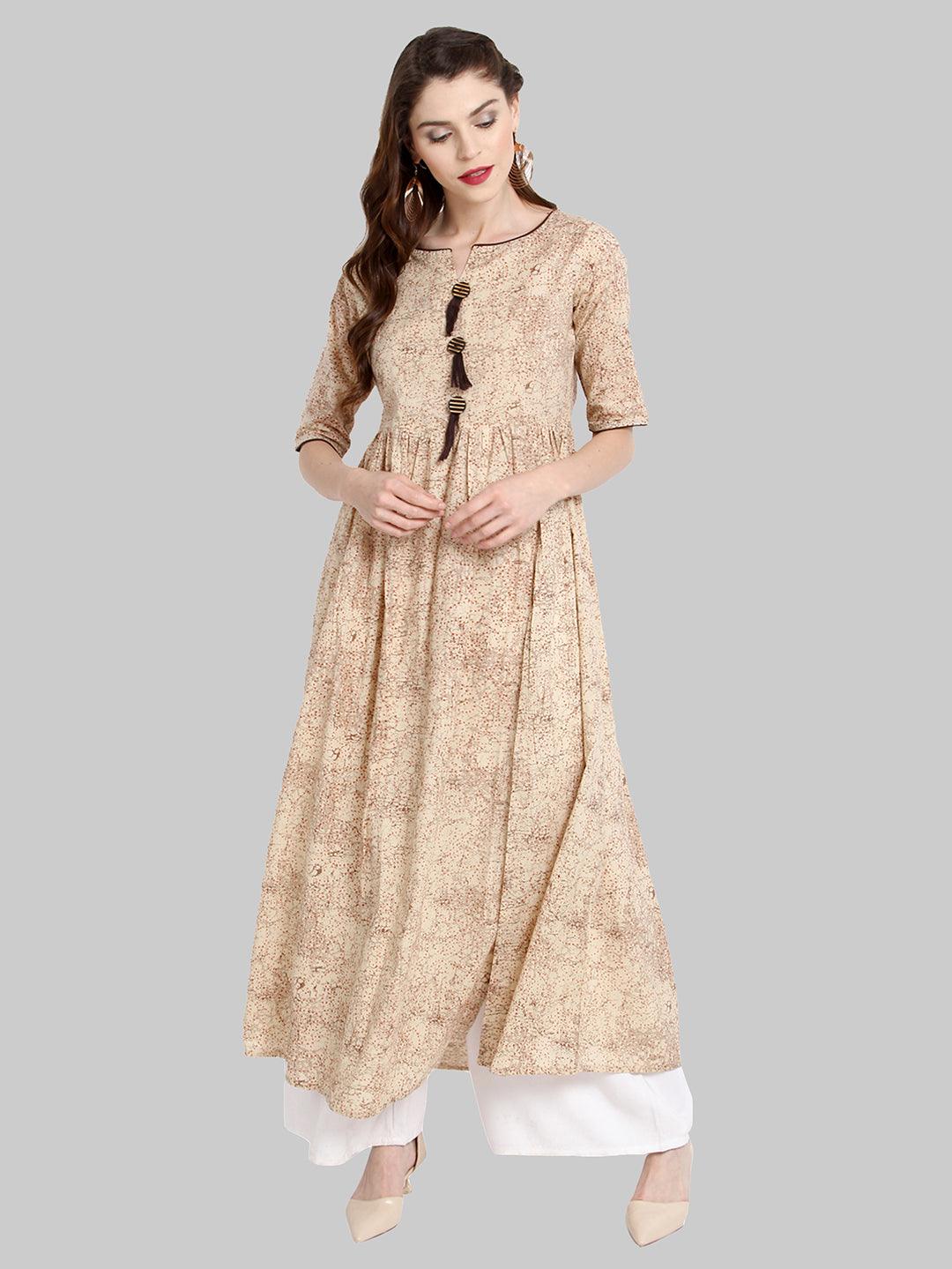 Janasya Beige Embellished Cotton Flared &amp; Side Slit Kurti - Znxclothing