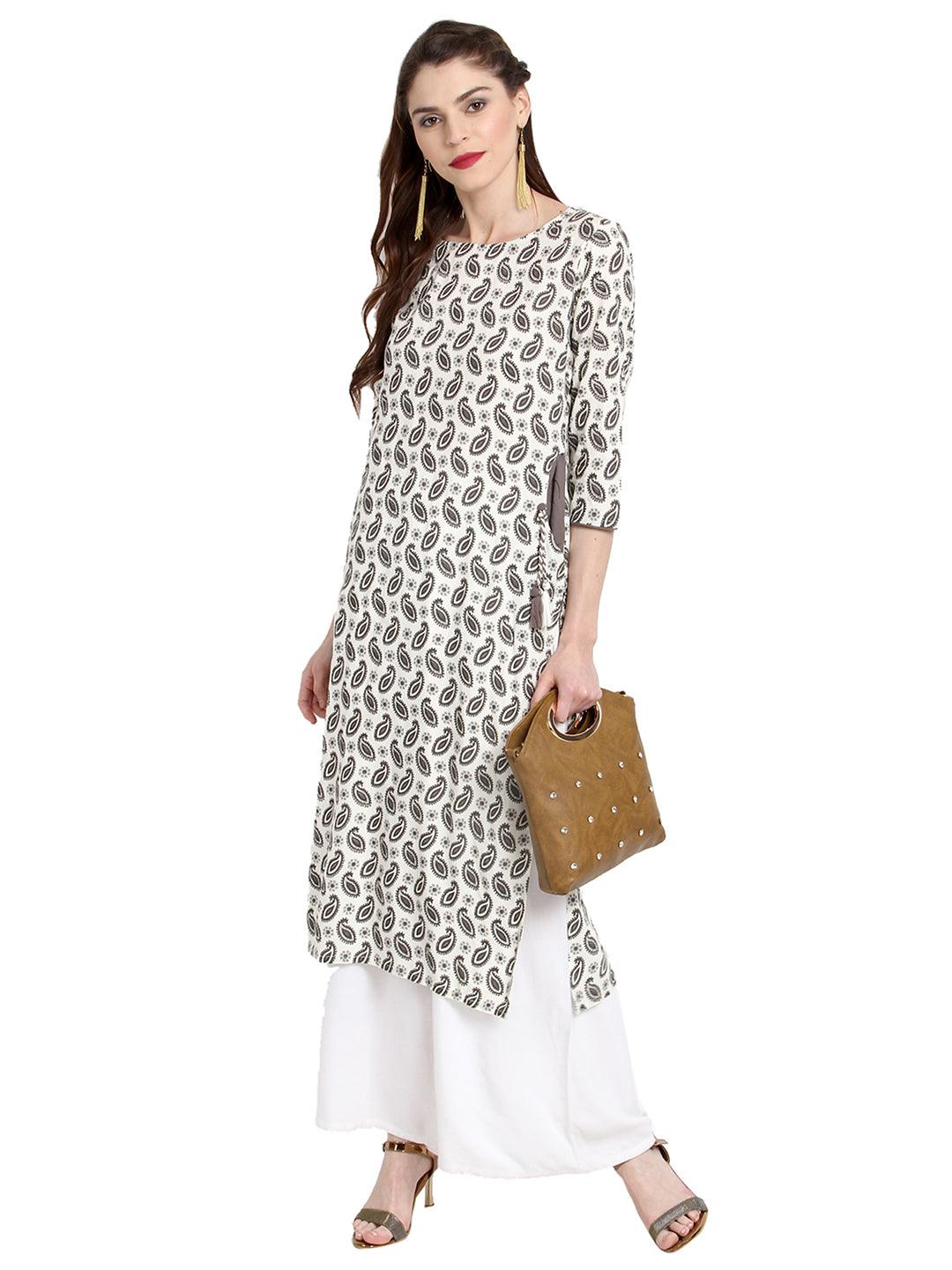 Cream Printed Rayon Straight &amp; Pocket Style Kurti - Znxclothing