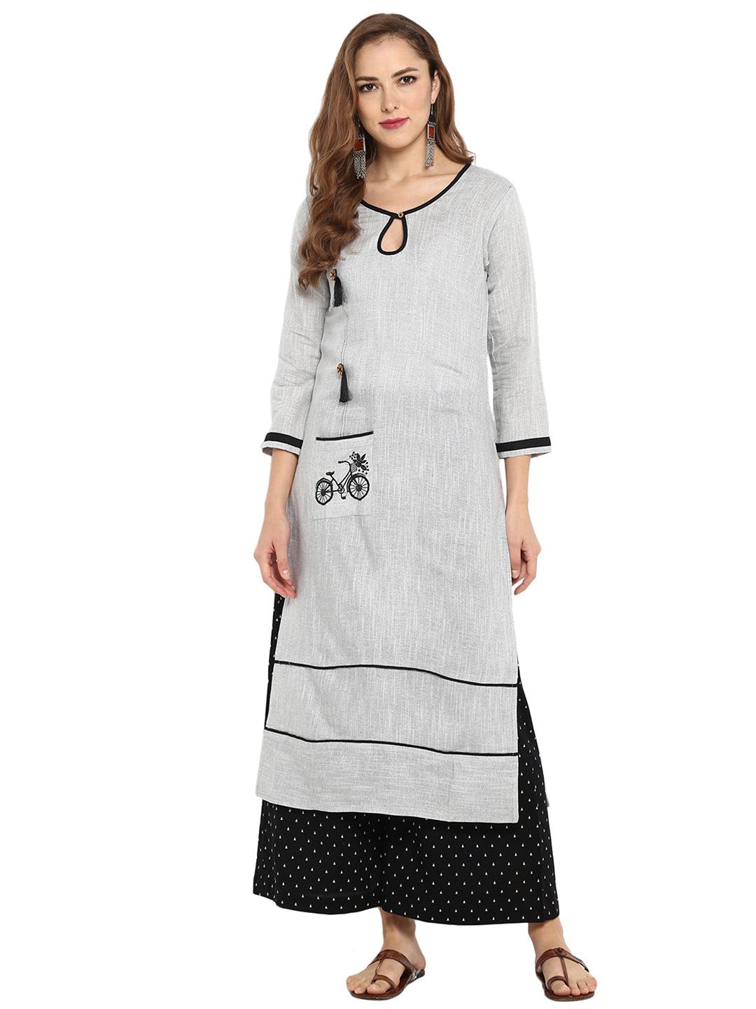 Light Grey Cotton Straight Kurta With White Dotted Black Palazzo. - Znxclothing