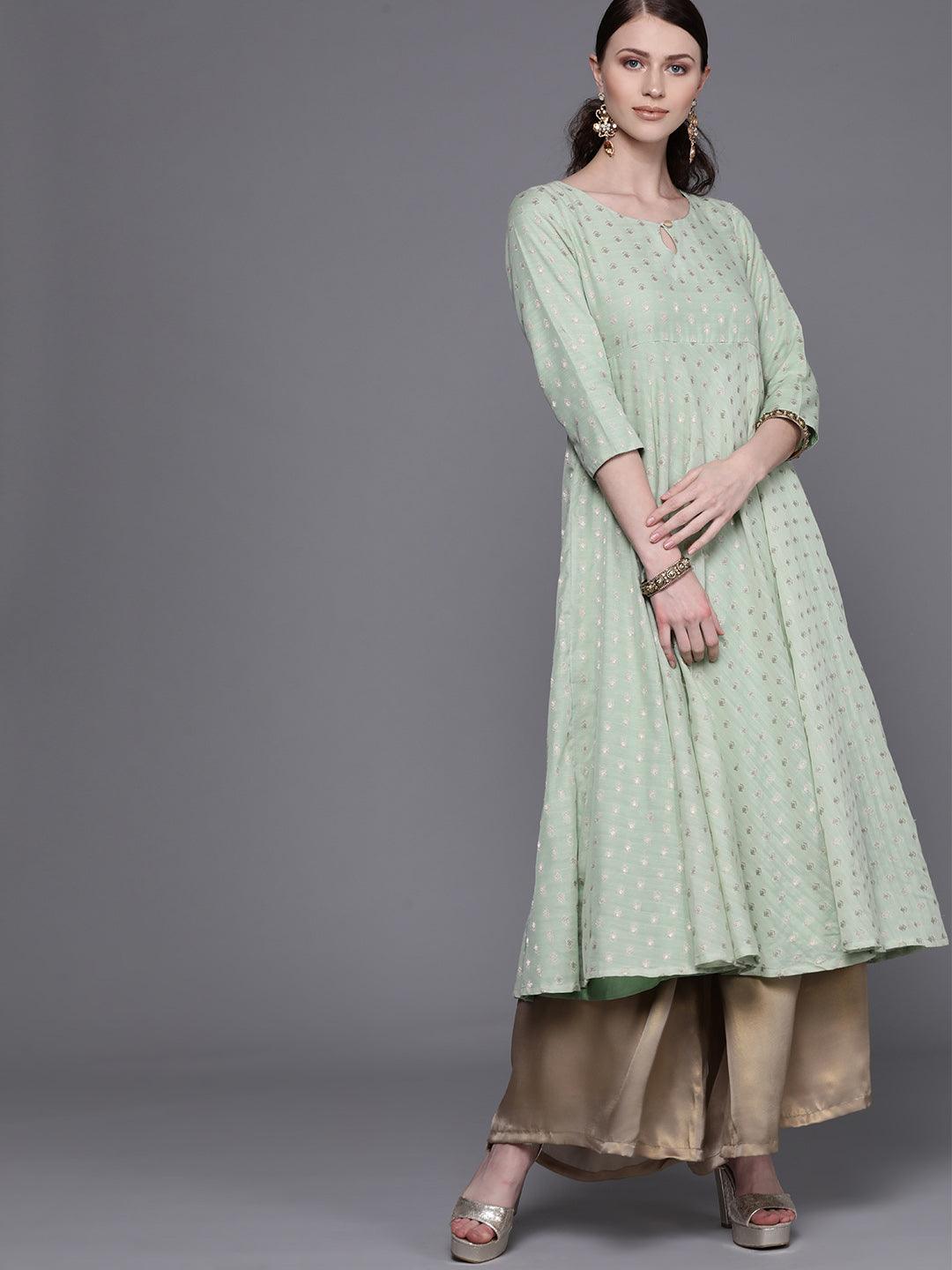 Green &amp; Golden Woven Design Empire Anarkali Kurta( Fully Stitched) - Znxclothing