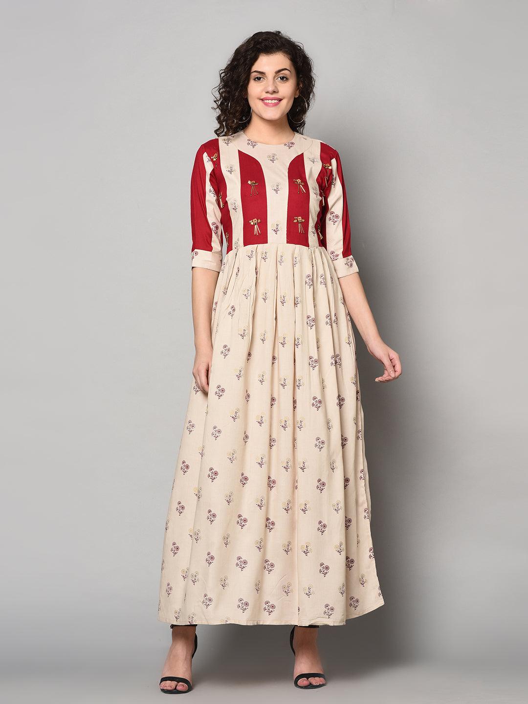 Cream and Red colour designer long Maxi Dress (Fully Stitched) - Znxclothing