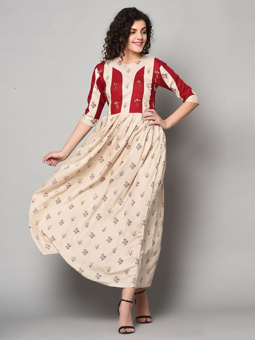 Cream and Red colour designer long Maxi Dress (Fully Stitched) - Znxclothing
