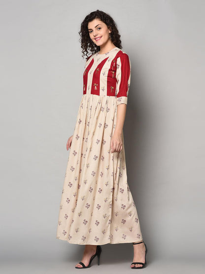 Cream and Red colour designer long Maxi Dress (Fully Stitched) - Znxclothing