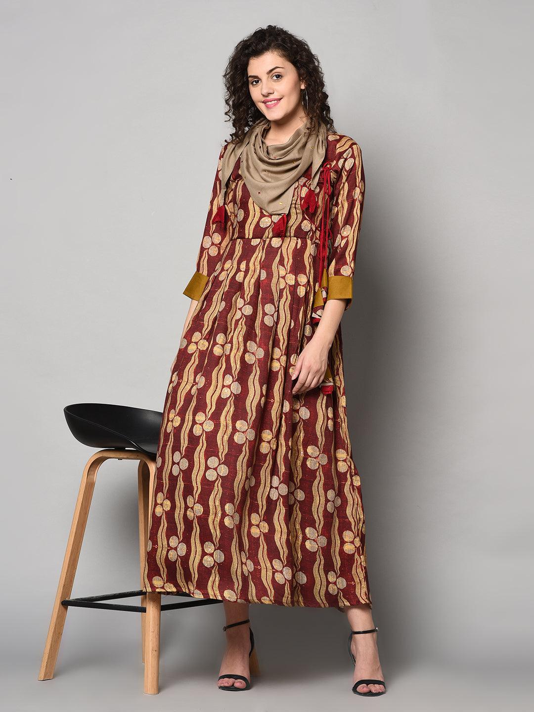 Red and Light yellow printed Anarkali Dress with scarf (Fully Stitched) - Znxclothing