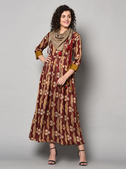 Red and Light yellow printed Anarkali Dress with scarf (Fully Stitched) - Znxclothing