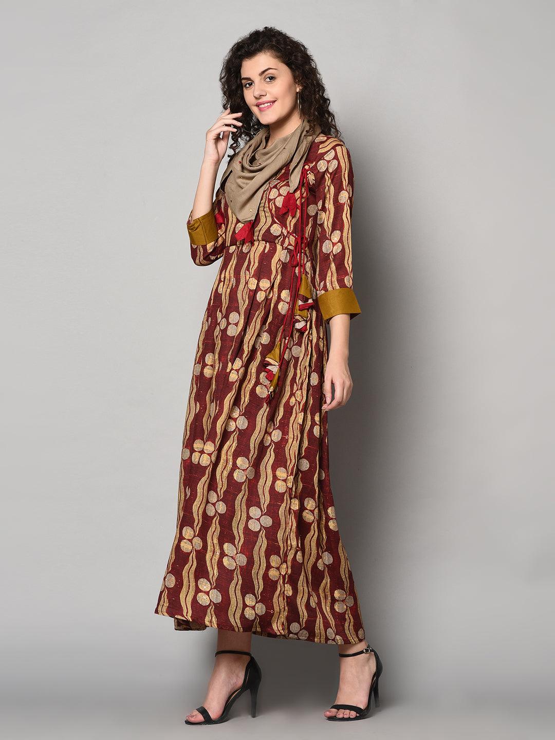 Red and Light yellow printed Anarkali Dress with scarf (Fully Stitched) - Znxclothing