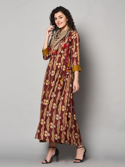 Red and Light yellow printed Anarkali Dress with scarf (Fully Stitched) - Znxclothing