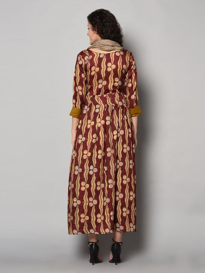 Red and Light yellow printed Anarkali Dress with scarf (Fully Stitched) - Znxclothing