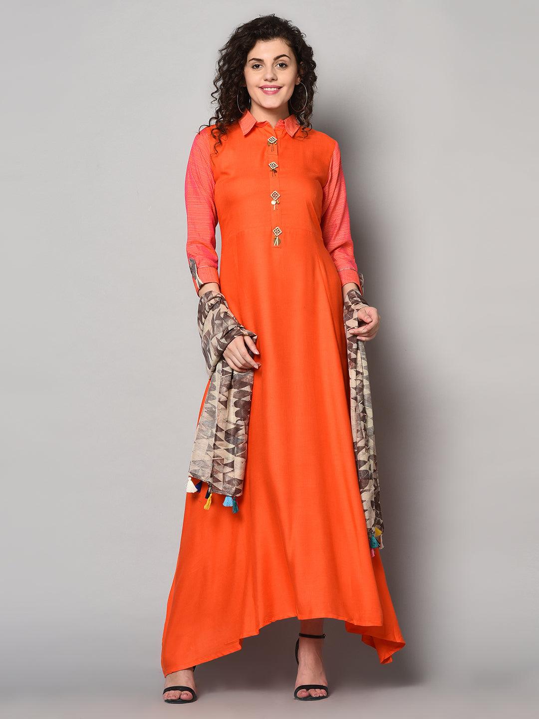 Orange long Anarkali designer dress with dupatta (Fully Stitched) - Znxclothing