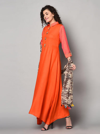 Orange long Anarkali designer dress with dupatta (Fully Stitched) - Znxclothing
