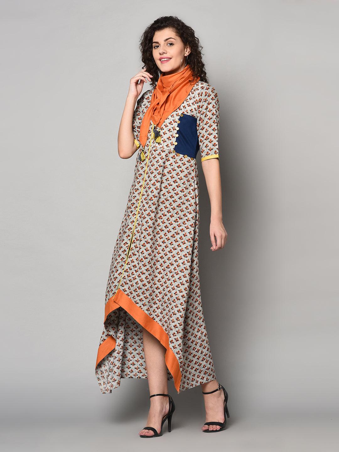 Designer Maxi Dress with scarf (Fully Stitched) - Znxclothing