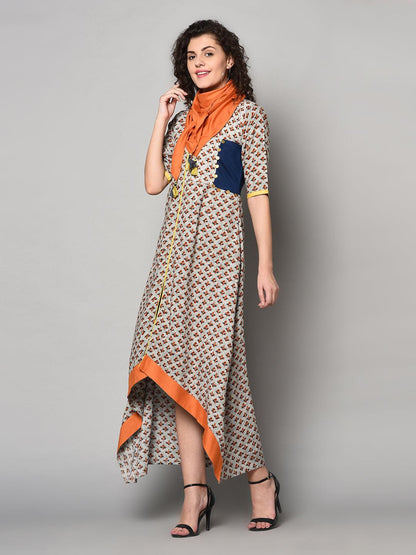 Designer Maxi Dress with scarf (Fully Stitched) - Znxclothing