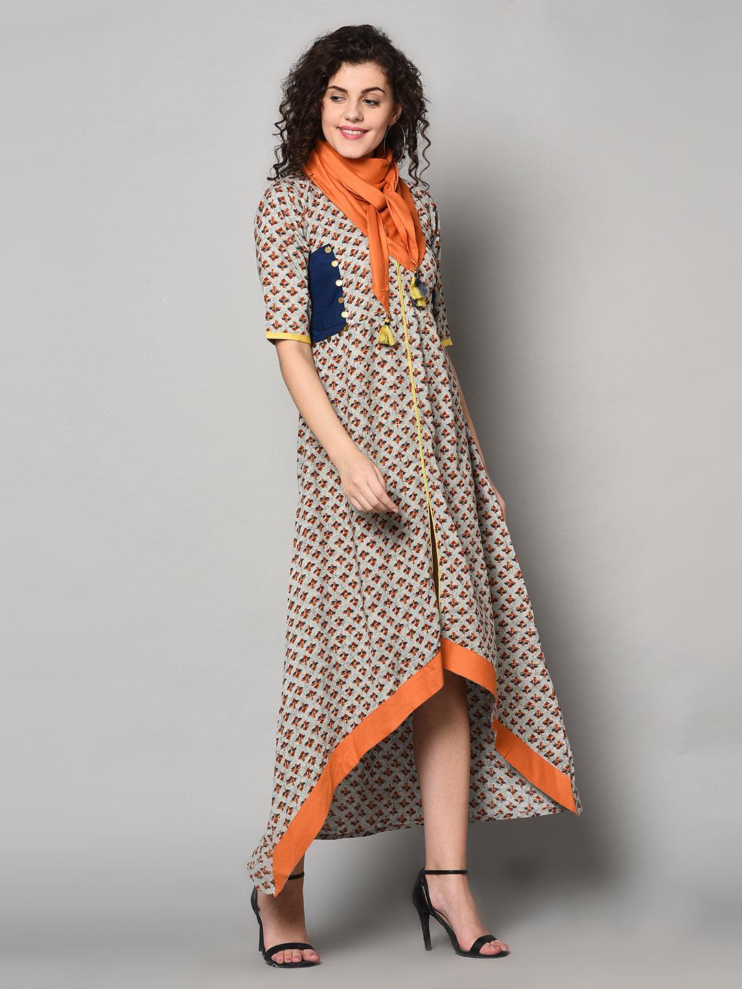 Designer Maxi Dress with scarf (Fully Stitched) - Znxclothing