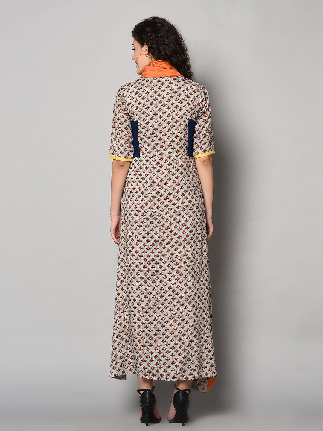 Designer Maxi Dress with scarf (Fully Stitched) - Znxclothing