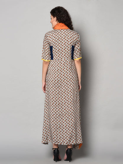 Designer Maxi Dress with scarf (Fully Stitched) - Znxclothing