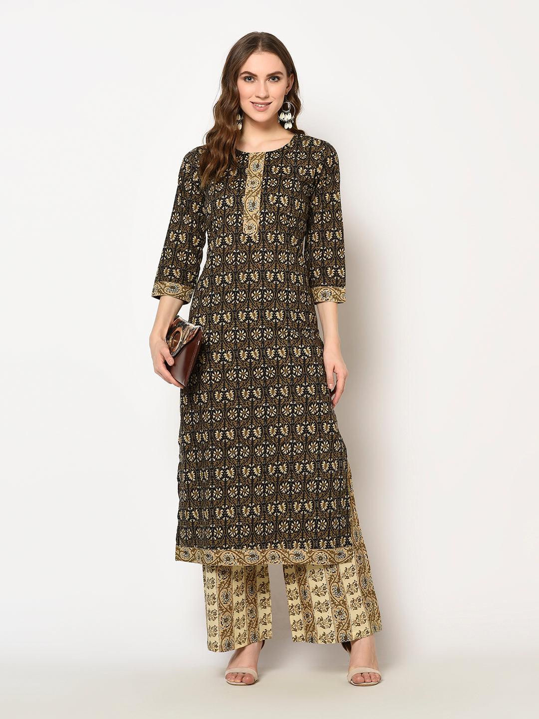 ZNX Women Brown Floral Printed Straight  Kurta with Palazzo Set - Znxclothing