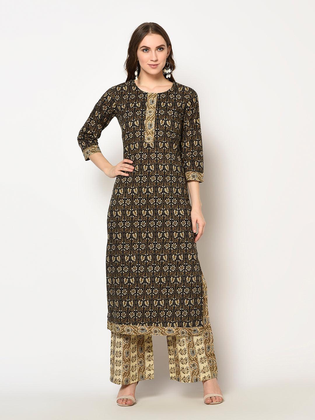 ZNX Women Brown Floral Printed Straight  Kurta with Palazzo Set - Znxclothing