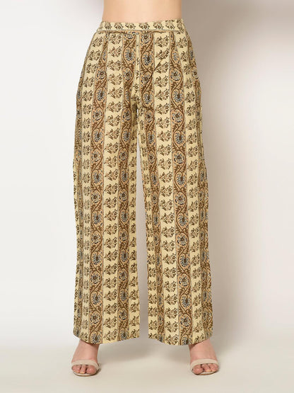 ZNX Women Brown Floral Printed Straight  Kurta with Palazzo Set - Znxclothing