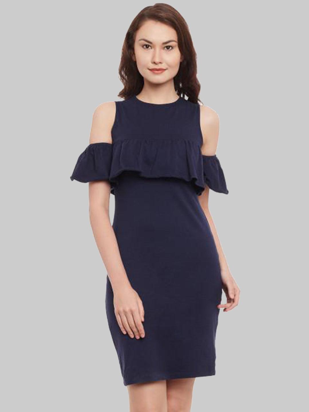 Solid Blue Cold sleeve Dress - Znxclothing