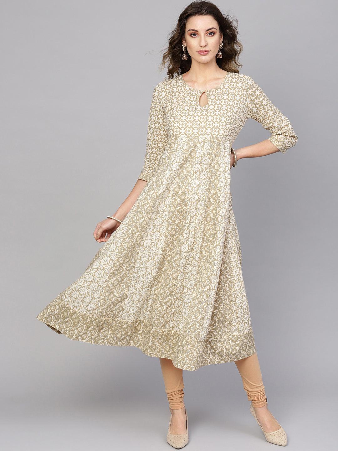 Off white &amp; Gold Panelled Kurta With Gold Detail (Fully Stitched) - Znxclothing