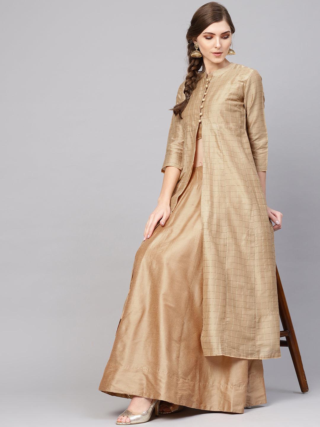 Gold Lehenga With Top And Jacket (Fully Stitched) - Znxclothing